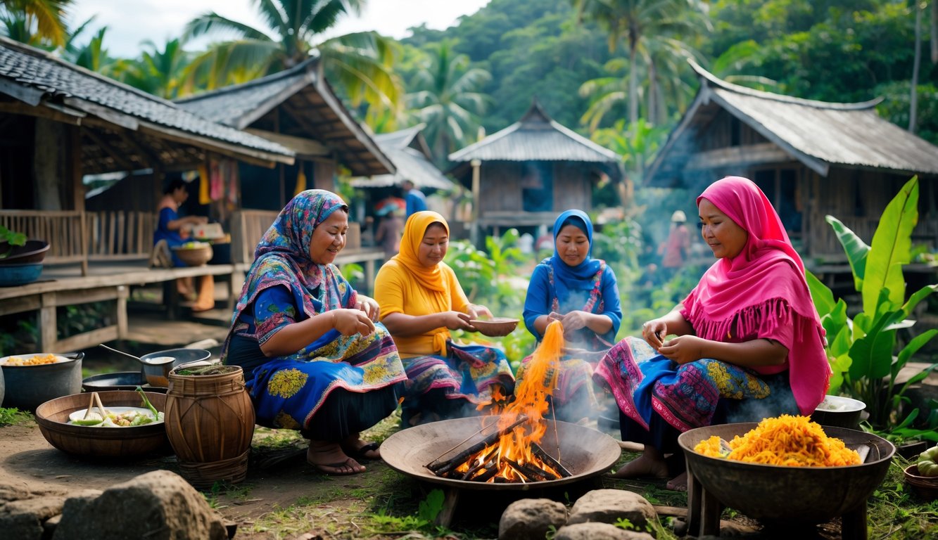Sejumlah orang Batak mengenakan pakaian tradisional sedang melakukan aktivitas sehari-hari di desa dengan rumah adat dan pepohonan hijau di sekitar.