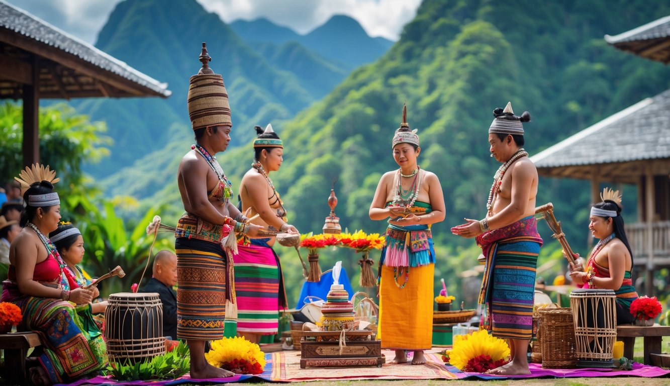 Orang-orang Suku Toraja mengenakan pakaian adat sedang melakukan upacara tradisional di luar ruangan dengan latar rumah Tongkonan dan pemandangan pegunungan.
