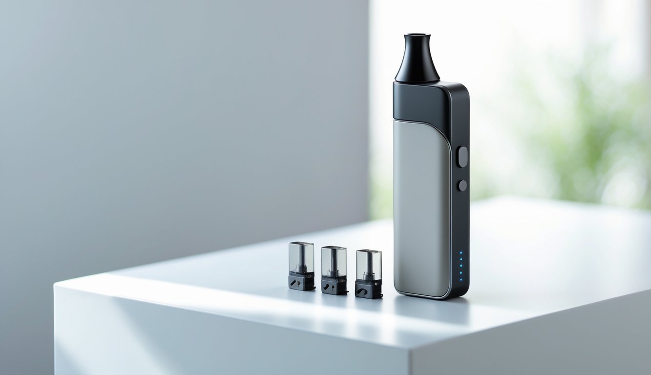 Perangkat vape kecil dan sederhana dengan beberapa pod vape di atas permukaan putih bersih.