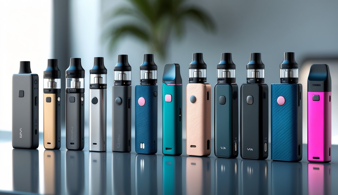 Beberapa jenis vape modern dengan berbagai bentuk dan warna yang disusun rapi di atas permukaan reflektif.