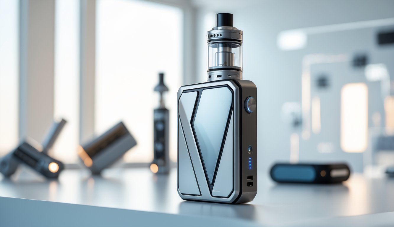 Sebuah perangkat vape modern yang terlihat futuristik diletakkan di atas permukaan bersih dengan pencahayaan alami.