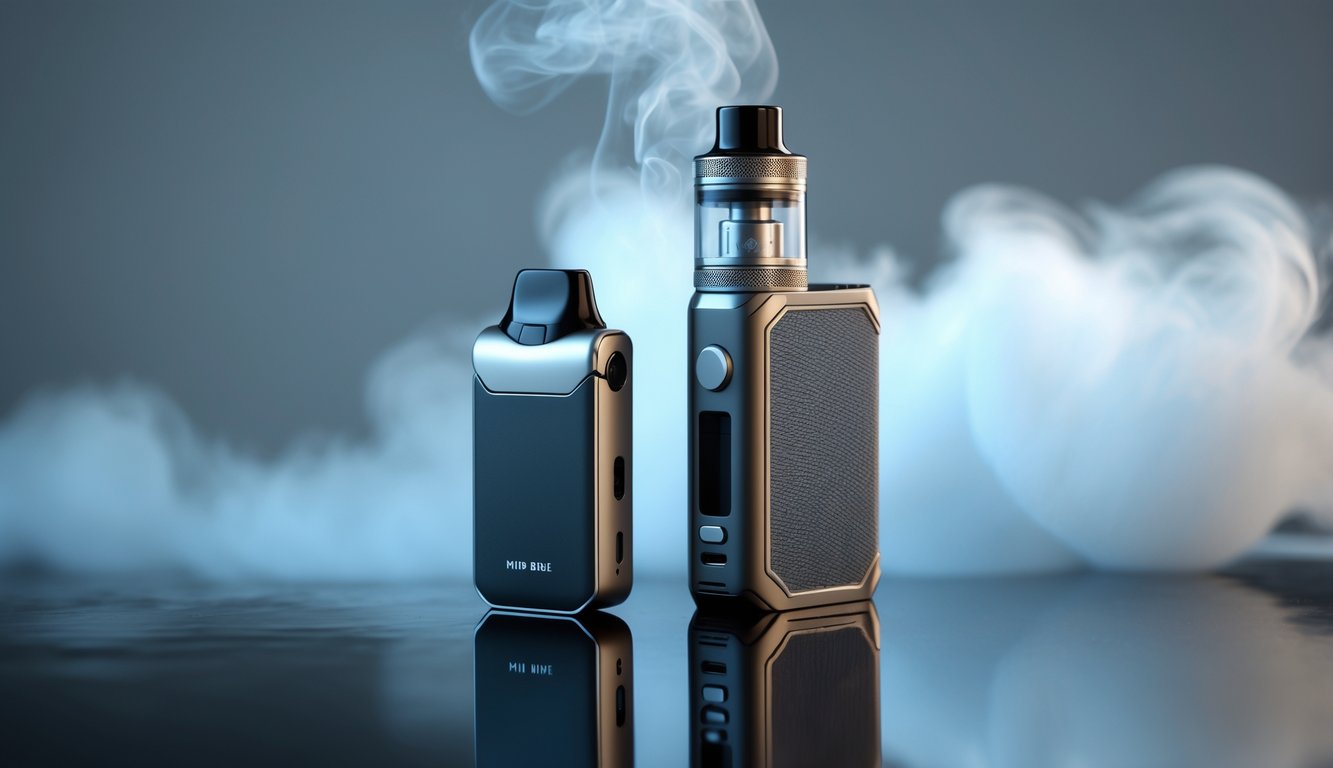 Foto dua perangkat vape, satu vape mod dan satu pod system, diletakkan berdampingan di atas permukaan hitam reflektif dengan latar belakang buram.