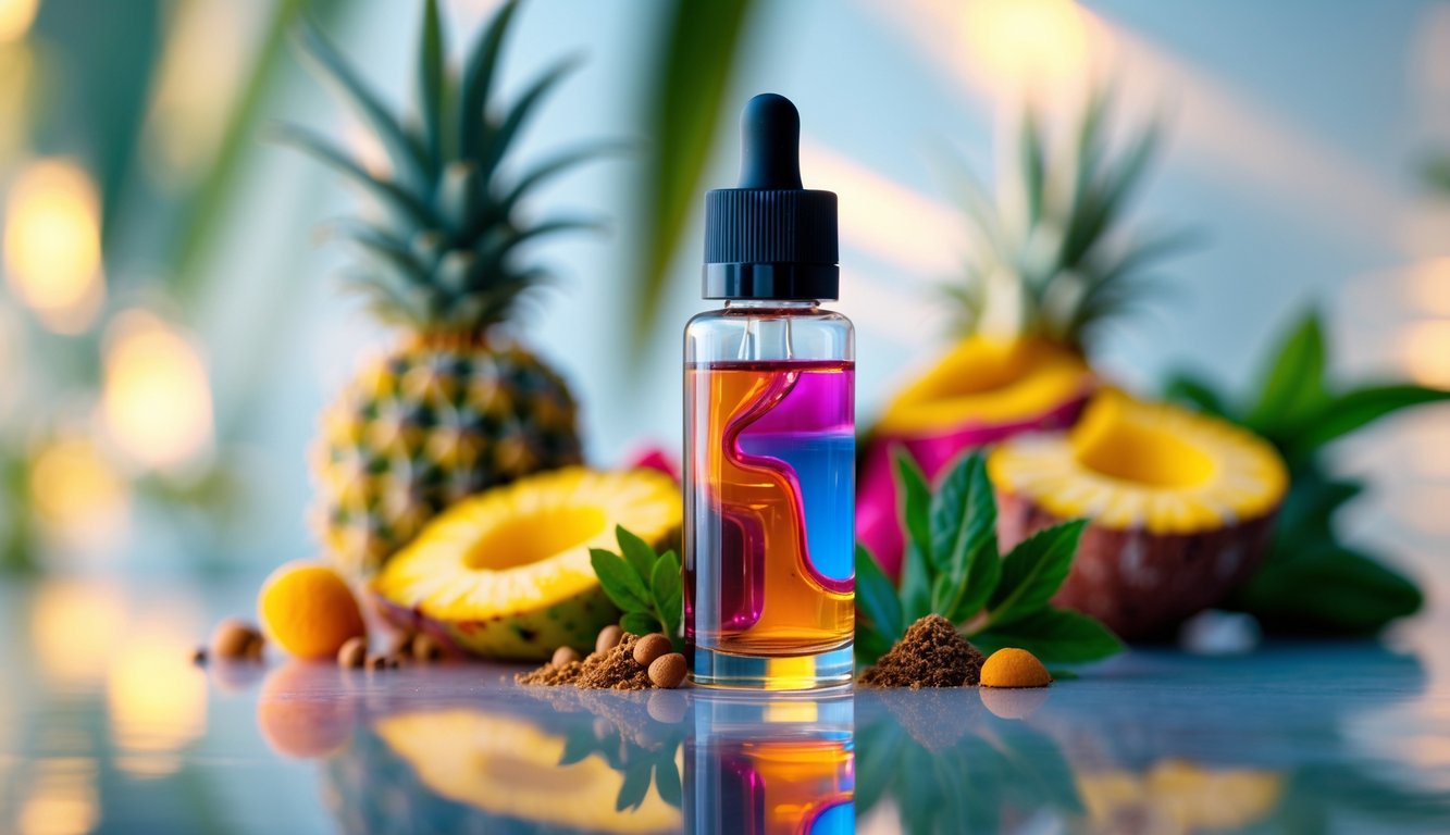 Botol e-liquid vape dengan cairan berwarna cerah dikelilingi oleh buah dan rempah segar di atas permukaan reflektif.