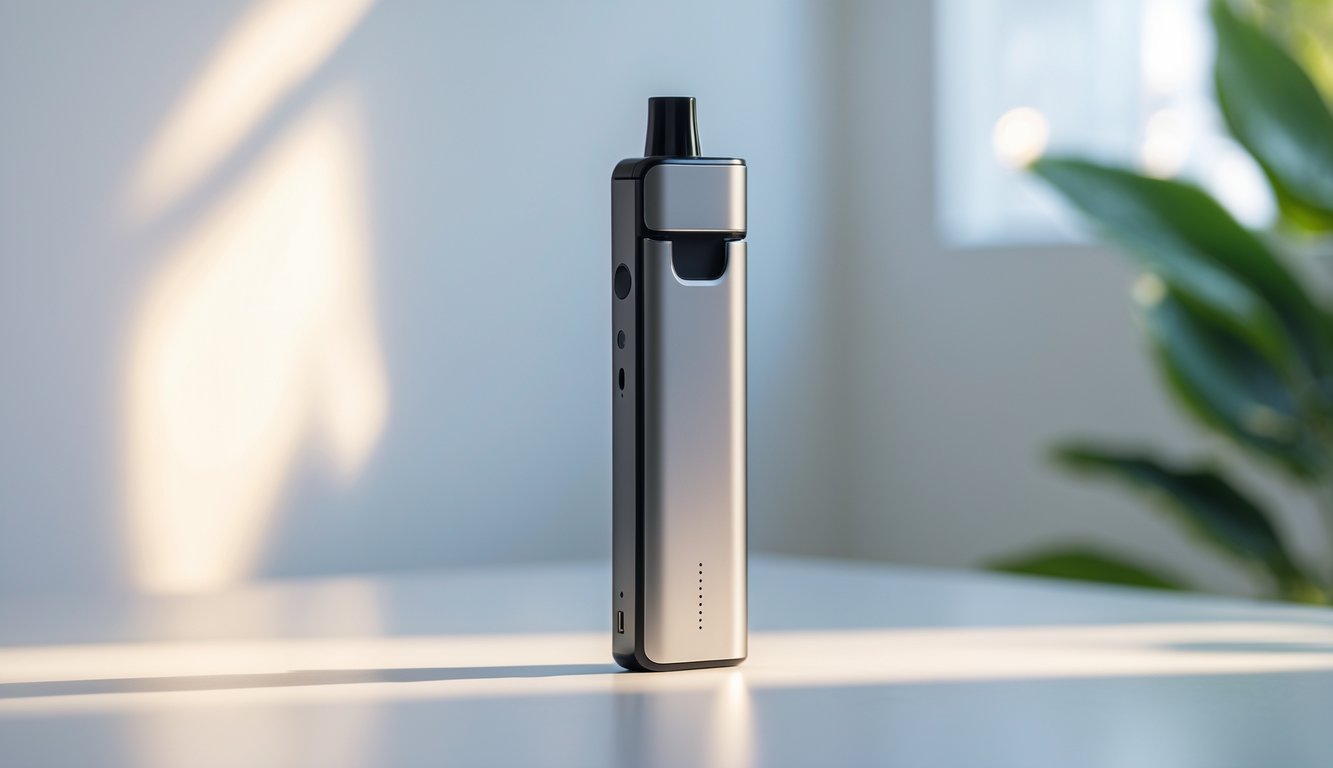 Foto vape modern dengan baterai tahan lama diletakkan di permukaan putih bersih.