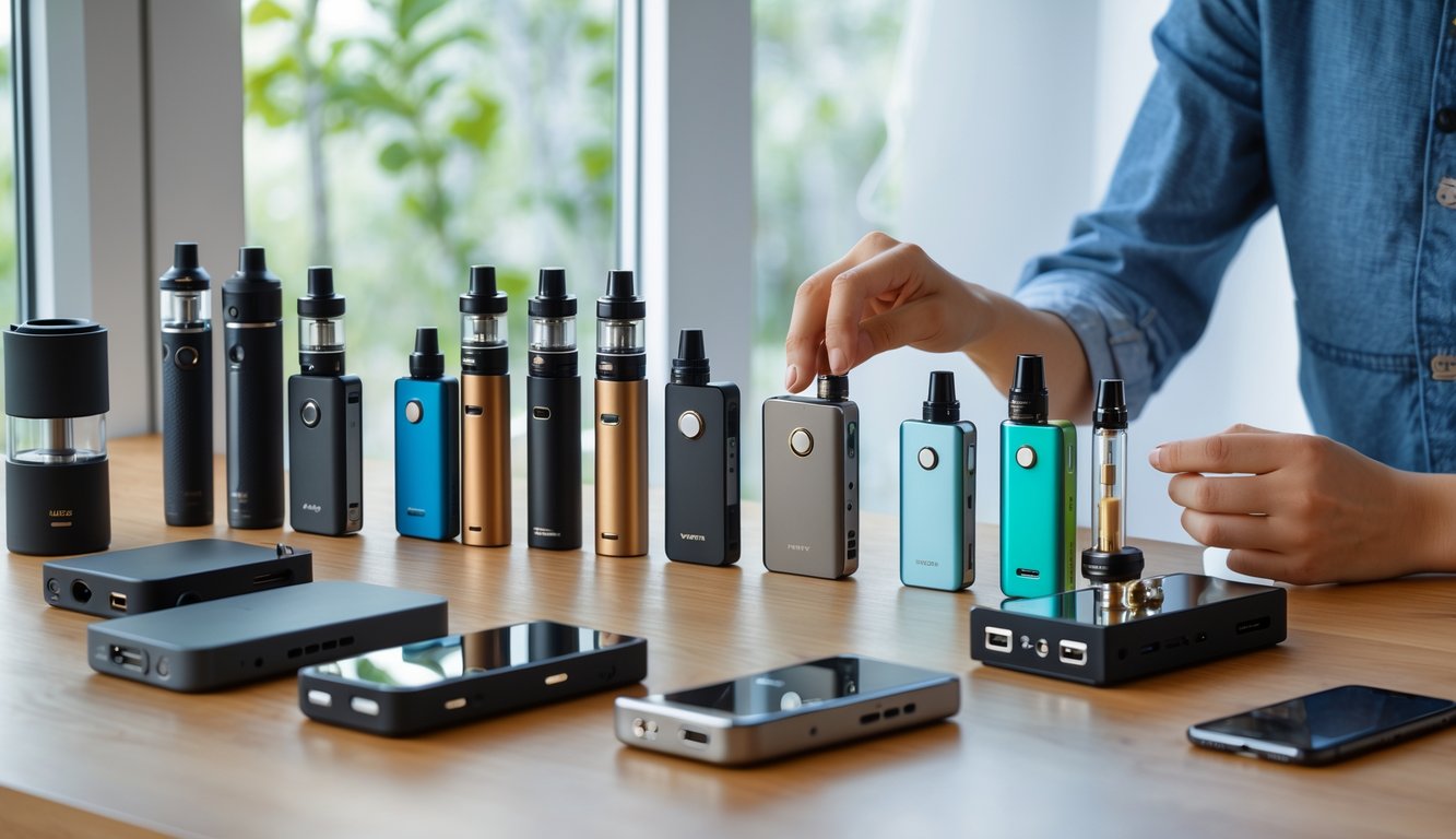 Seseorang memilih perangkat vape dari beberapa pilihan yang tersusun rapi di atas meja kayu di sebuah ruang dengan pencahayaan alami.