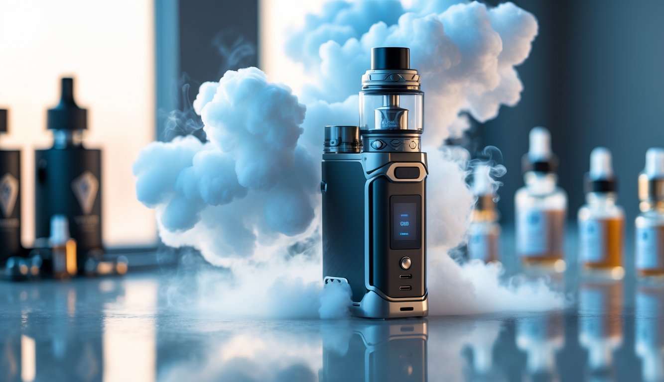 Sebuah perangkat vape modern yang menghasilkan awan uap tebal di atas permukaan reflektif dengan beberapa aksesori vape di latar belakang.