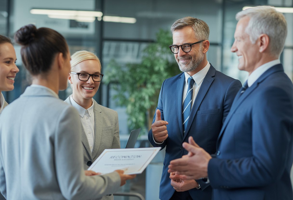 Een groep zakelijke professionals in een modern kantoor, waarbij een persoon een certificaat ontvangt en een manager het team toespreekt.