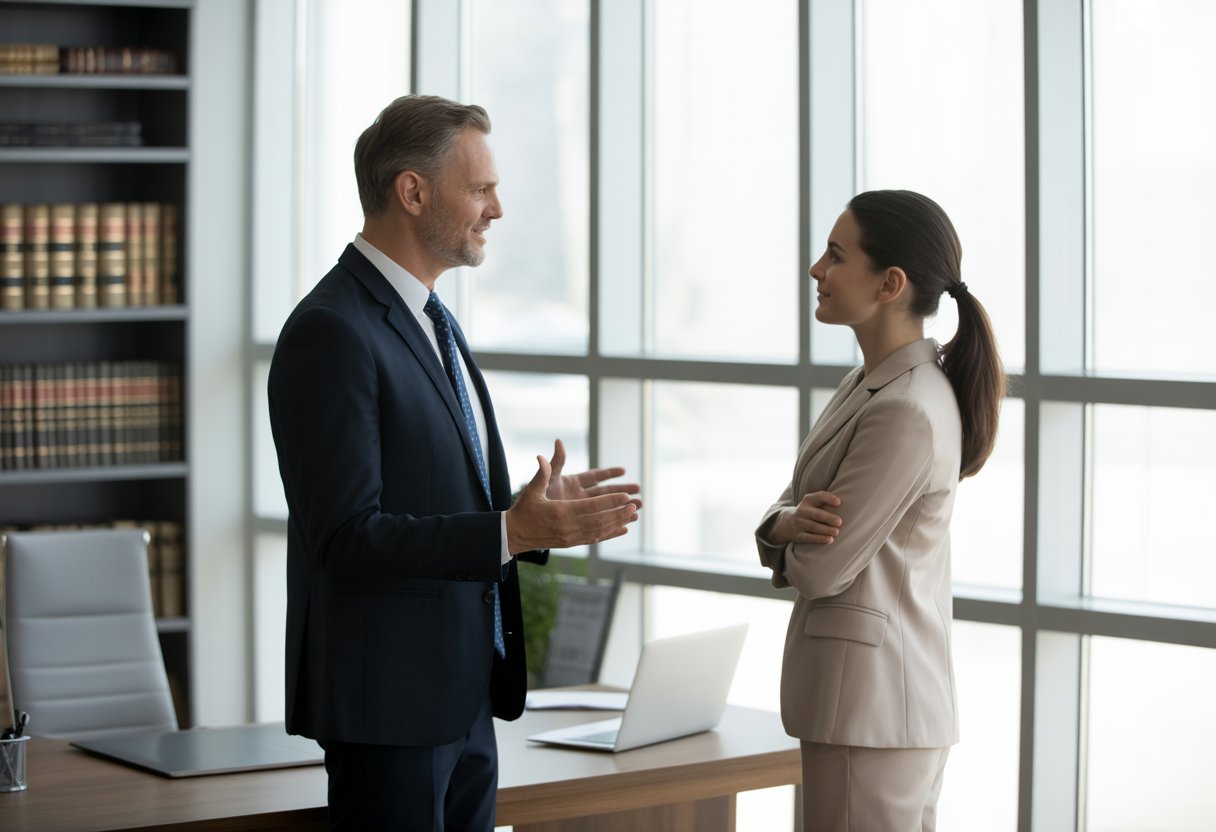 Twee zakelijke professionals in gesprek in een moderne kantooromgeving, waarbij een man gezag uitstraalt en een vrouw aandachtig luistert.