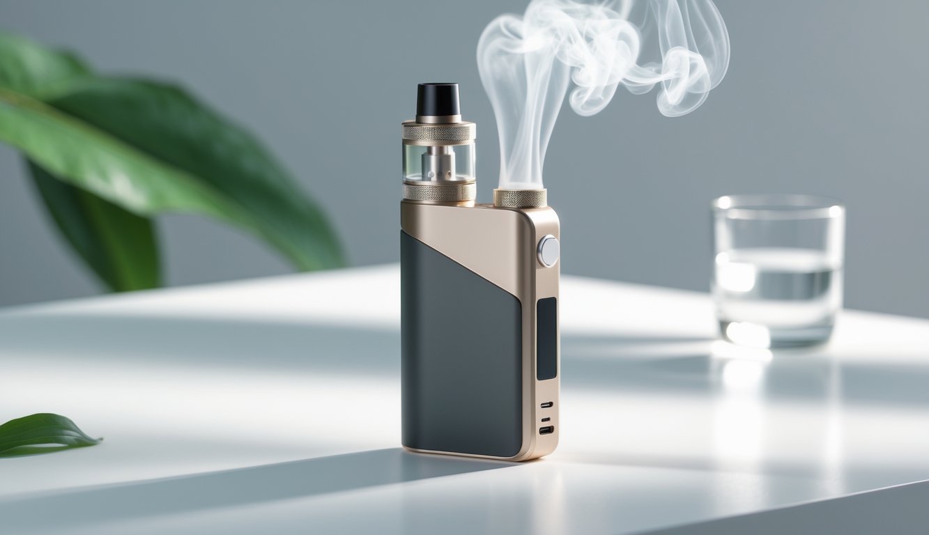 Perangkat vape modern dengan uap tipis di atas permukaan putih dengan latar belakang daun hijau dan gelas air.