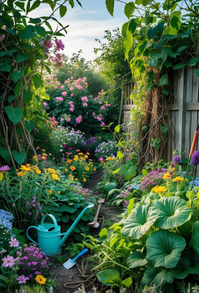 A wild garden with various colorful plants, flowers, and gardening tools scattered among tangled vines and green foliage.