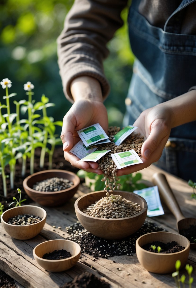 Hands mixing different seeds on a wooden table with gardening tools and seedlings nearby in a garden setting.