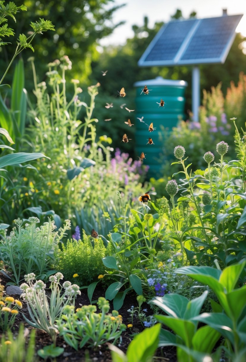 A lush garden with wildflowers, native plants, bees, butterflies, small birds, solar panels, and rainwater barrels in a natural outdoor setting.