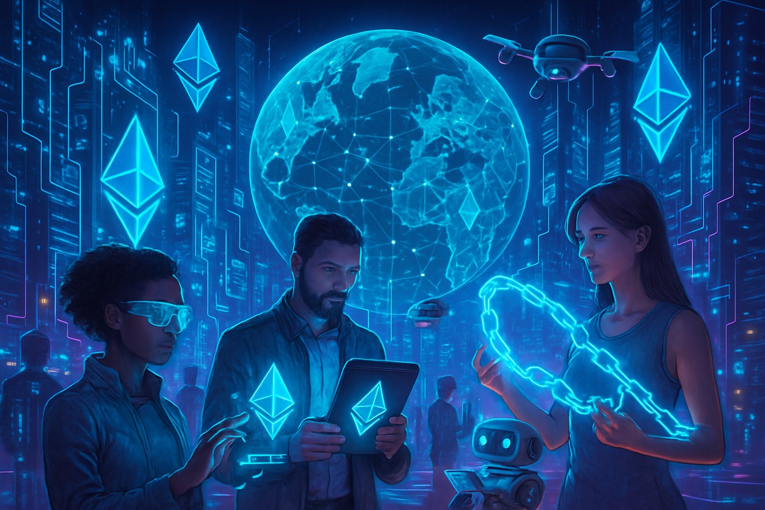 A futuristic city with people using advanced technology and holograms representing Ethereum blockchain networks connecting around the world.