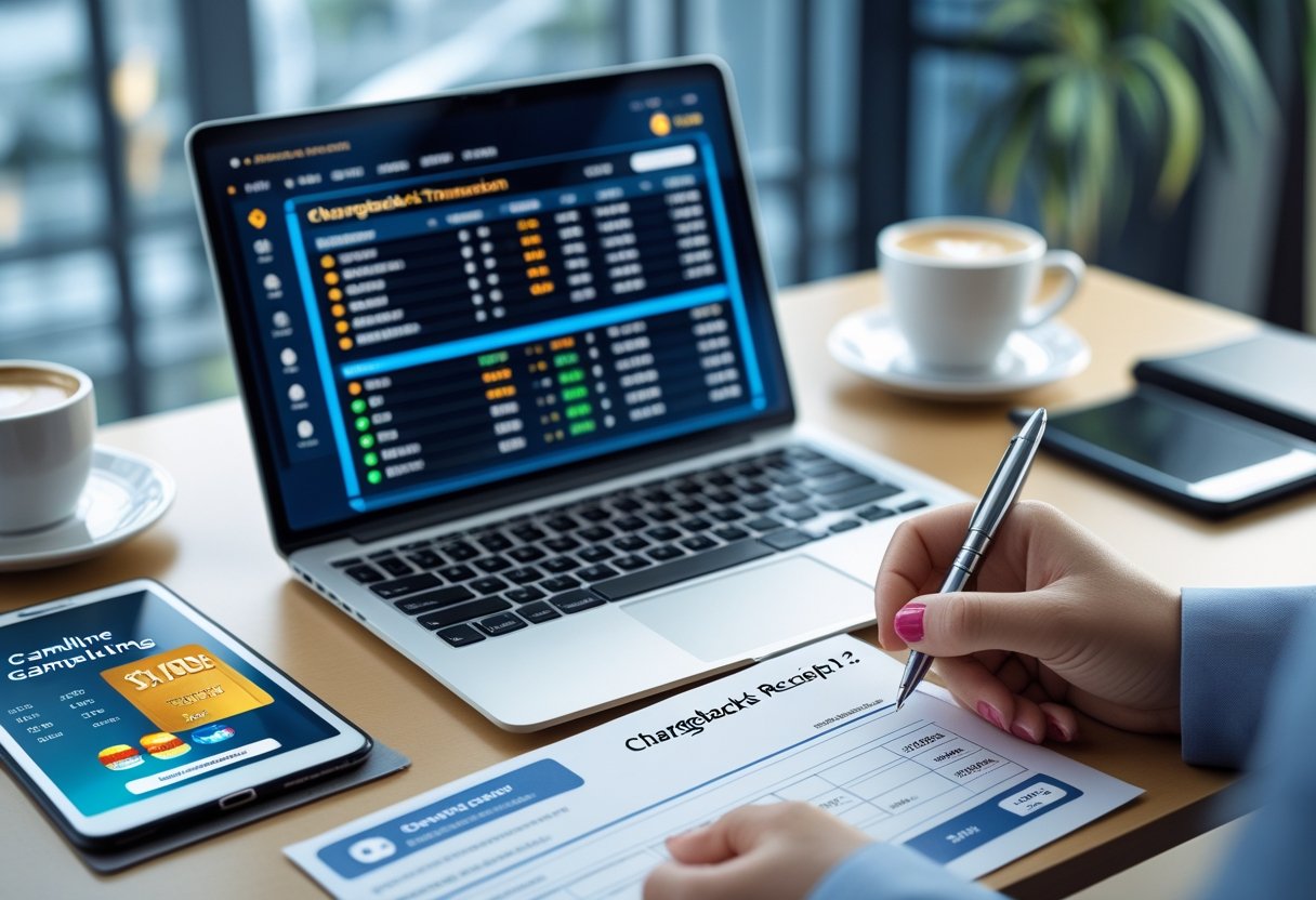 Hands reviewing financial documents next to a laptop and smartphone showing online gambling interfaces on a tidy desk.