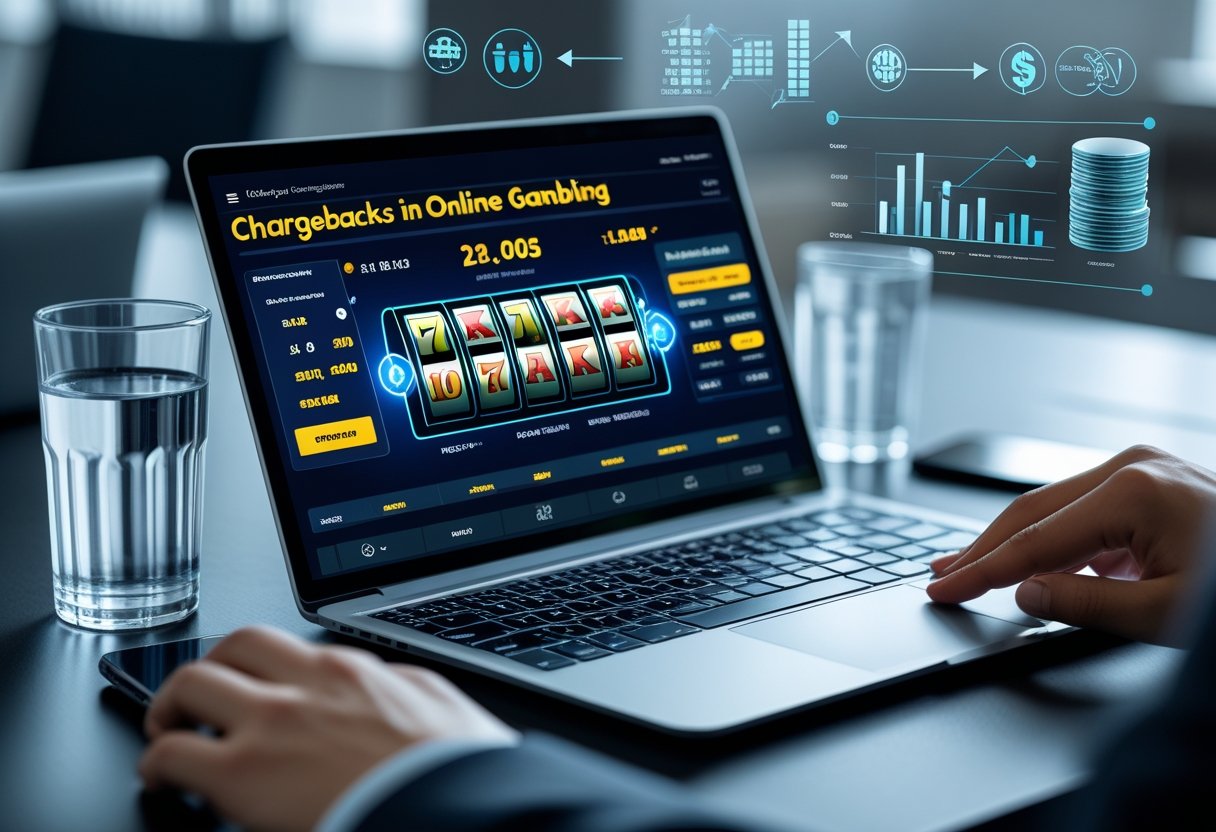 A person using a laptop showing an online gambling platform with financial transaction graphics in the background.
