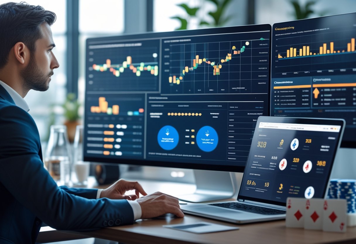A business professional working at a desk with multiple computer screens showing online gambling data and transaction charts.