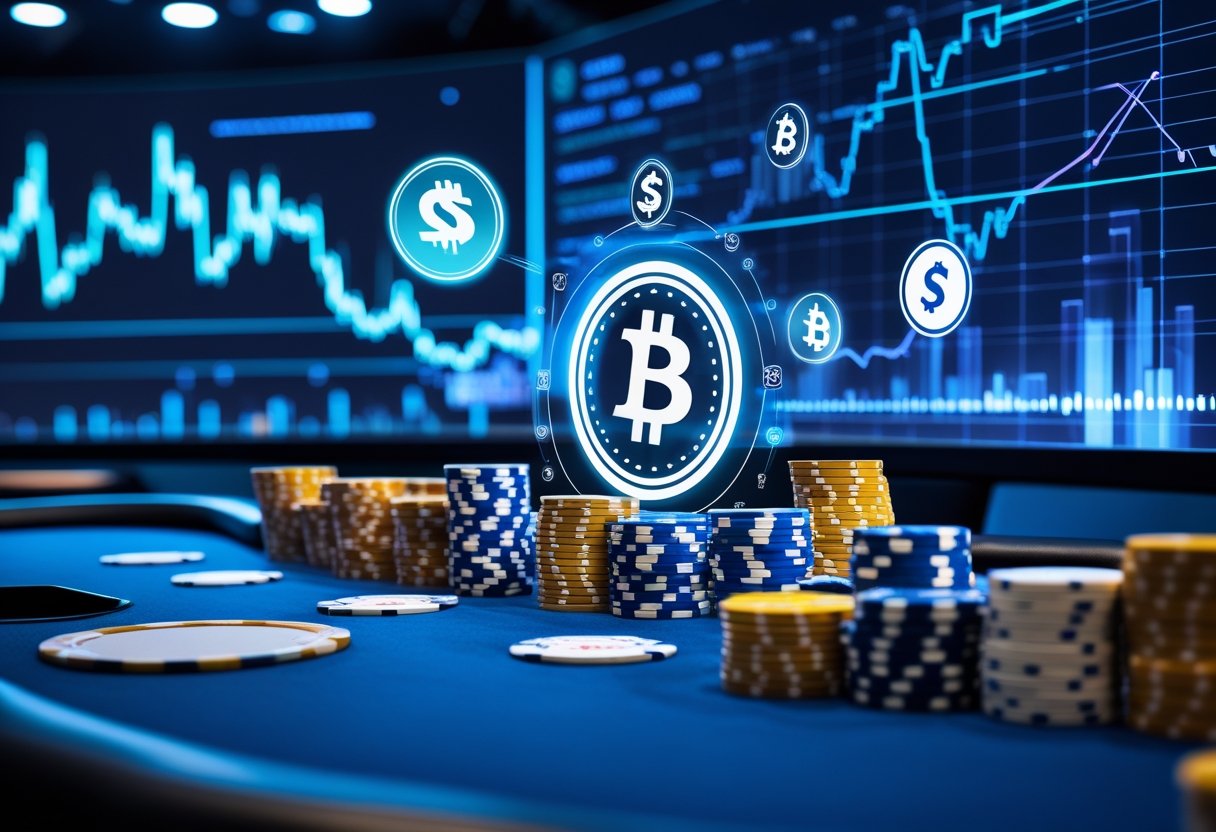 A modern casino poker table with chips and cards, combined with digital icons of stablecoins and financial graphs in the background.