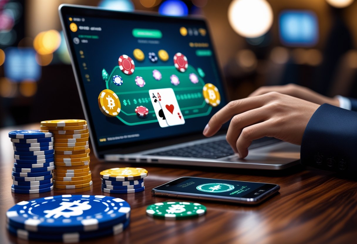 A person using a laptop showing an online casino game with digital poker chips and icons representing stablecoins nearby.