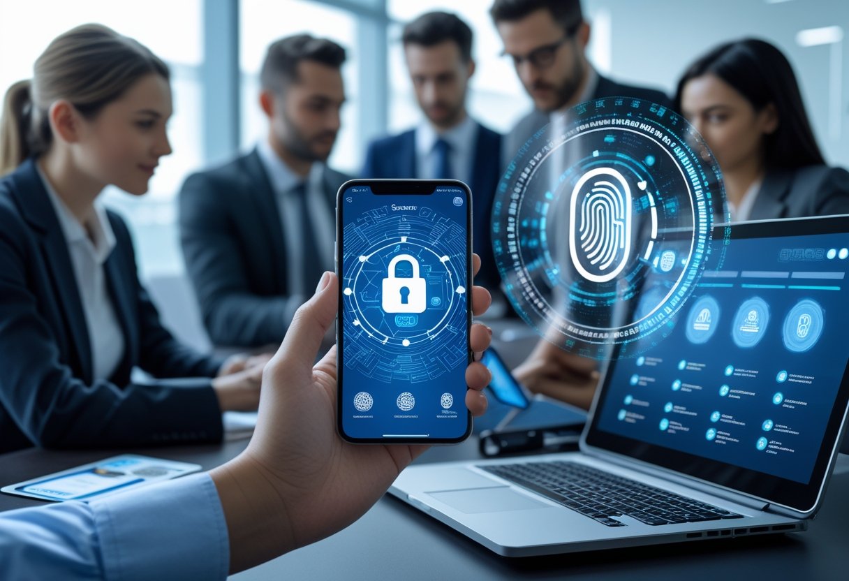 People in an office using digital devices to verify identity and manage cryptocurrency transactions securely.