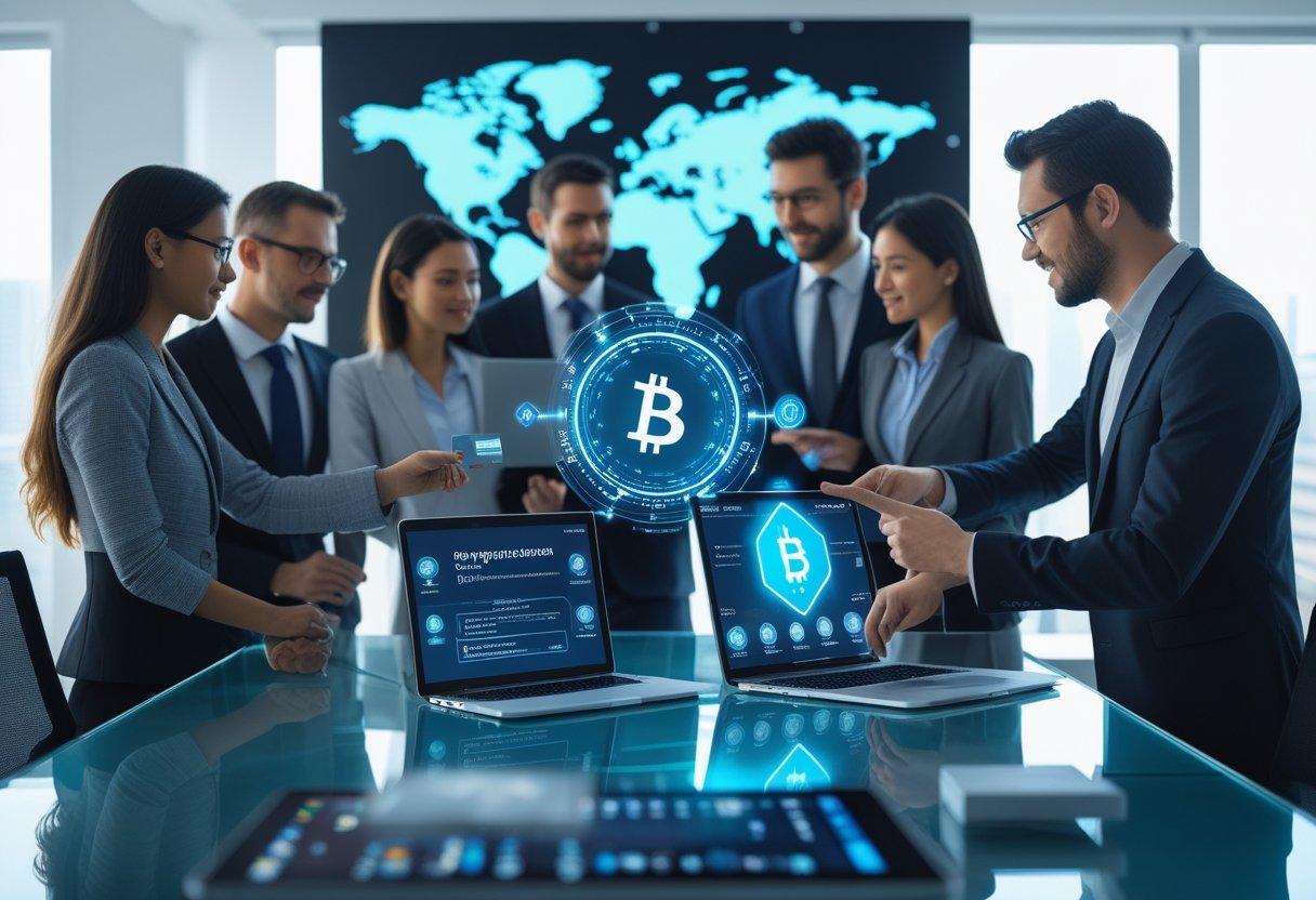 A group of professionals working together with digital devices displaying cryptocurrency symbols and identity verification graphics in a modern office.