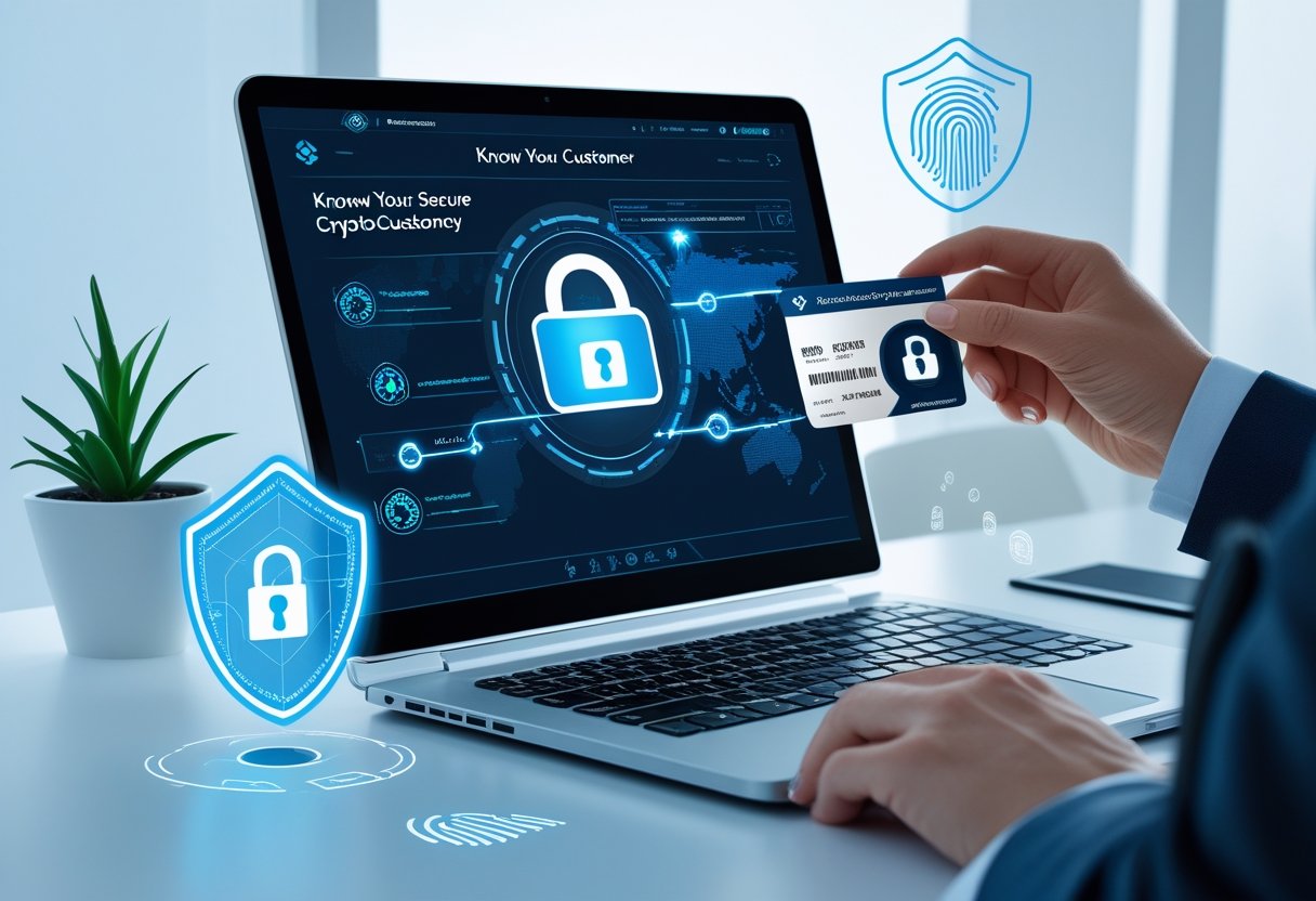 A person holding an ID card near a laptop showing a secure cryptocurrency wallet interface with digital security icons around.