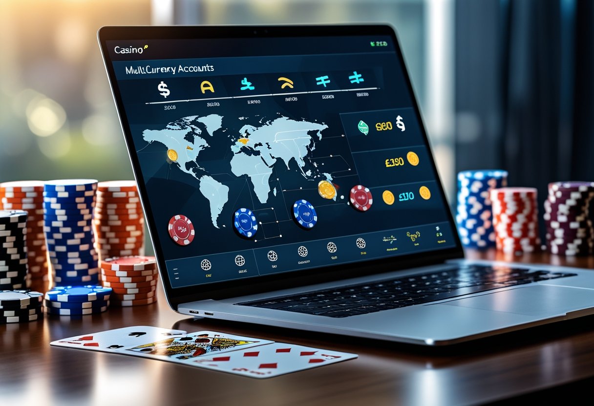 A workspace with a laptop showing multiple currency symbols on screen, surrounded by poker chips, playing cards, and dice on a wooden desk.