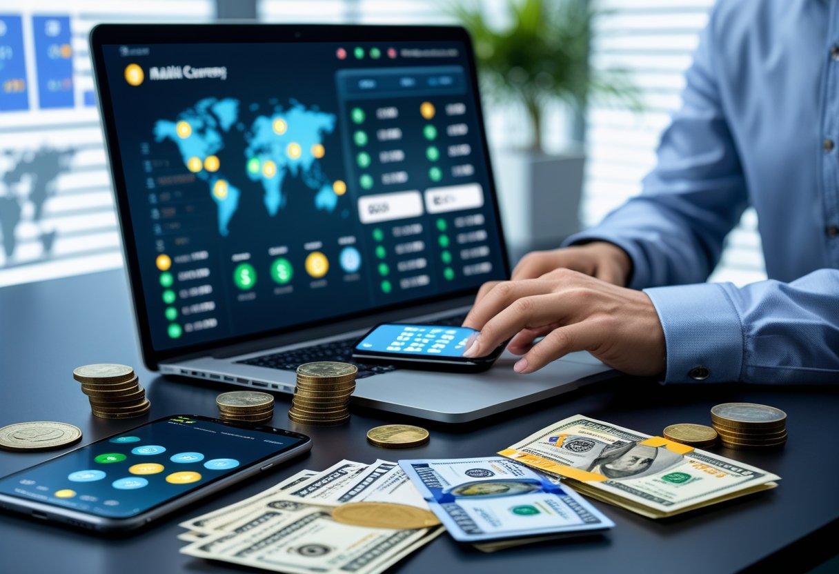 Person using a laptop and smartphone at a desk with various international currencies and financial devices visible.