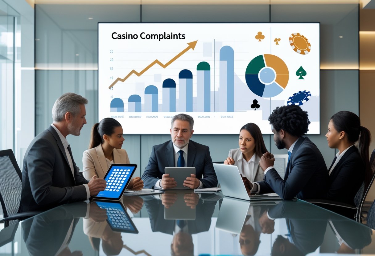 A group of professionals discussing data around a conference table in a modern office setting.