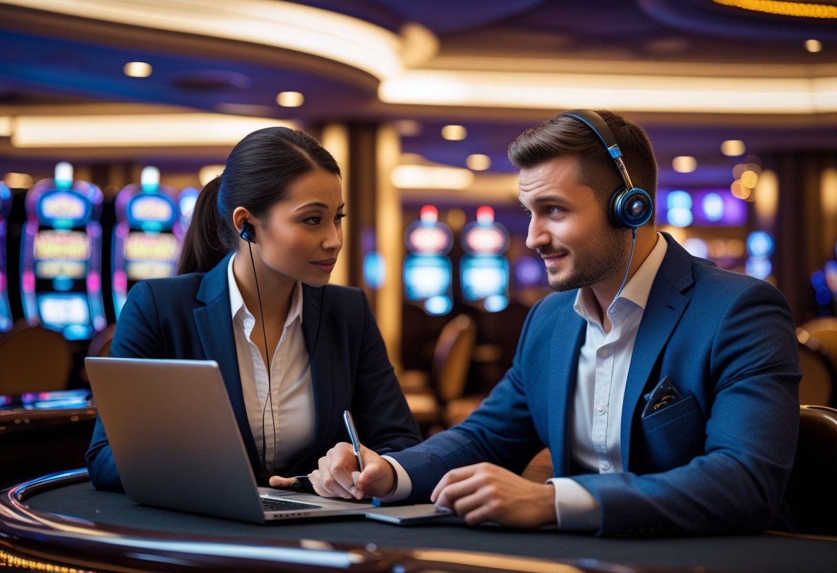 A customer service representative listens attentively to a concerned casino patron in a casino setting with gaming tables and slot machines in the background.
