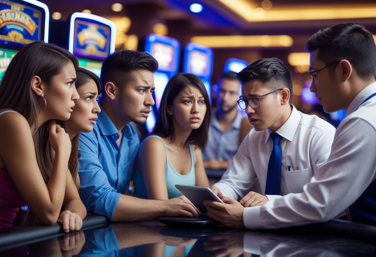 A group of casino patrons talking to a customer service representative at a service desk inside a casino with slot machines and gaming tables in the background.