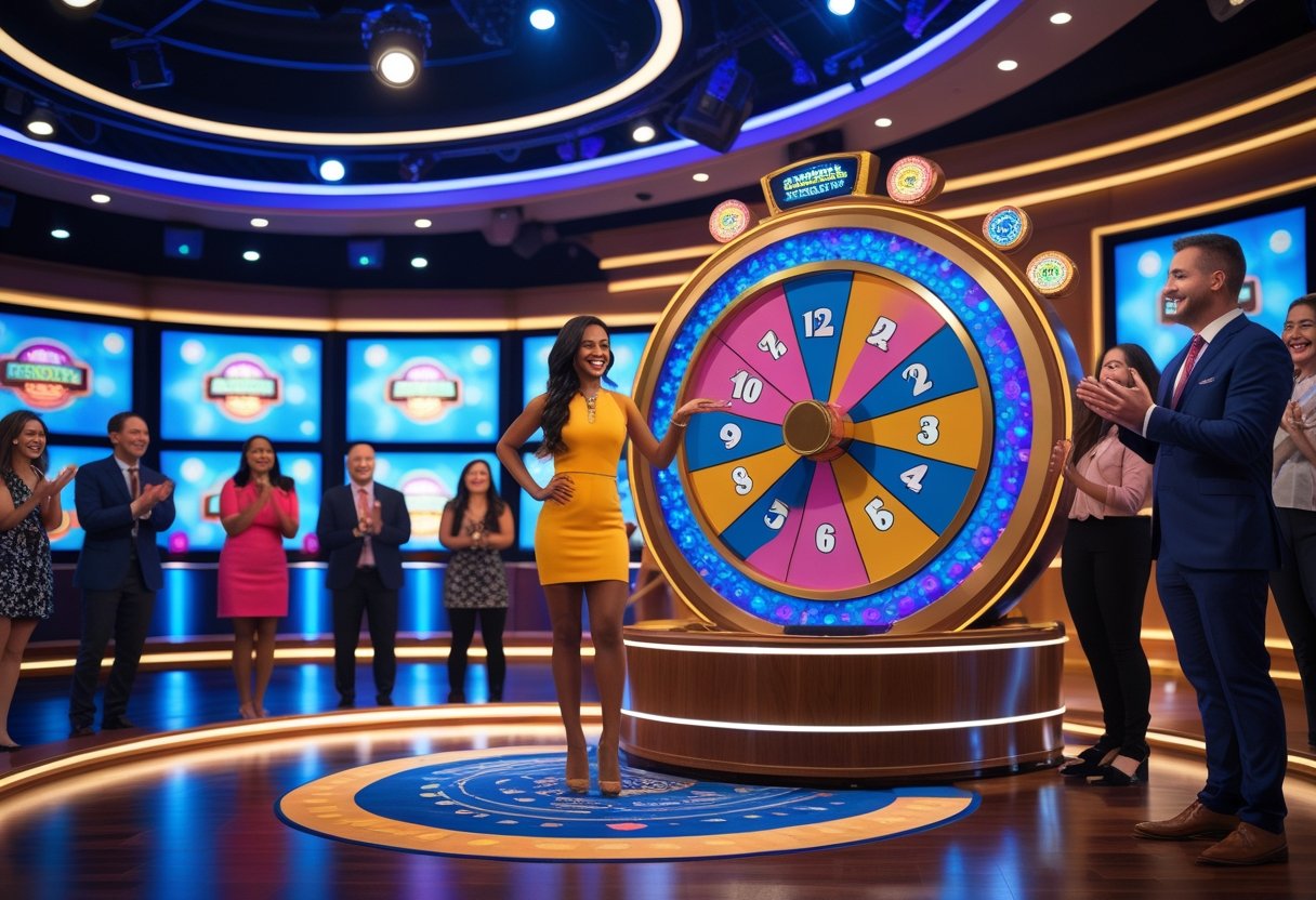 A female host stands beside a spinning wheel while contestants and audience members watch in a lively live casino game show setting.