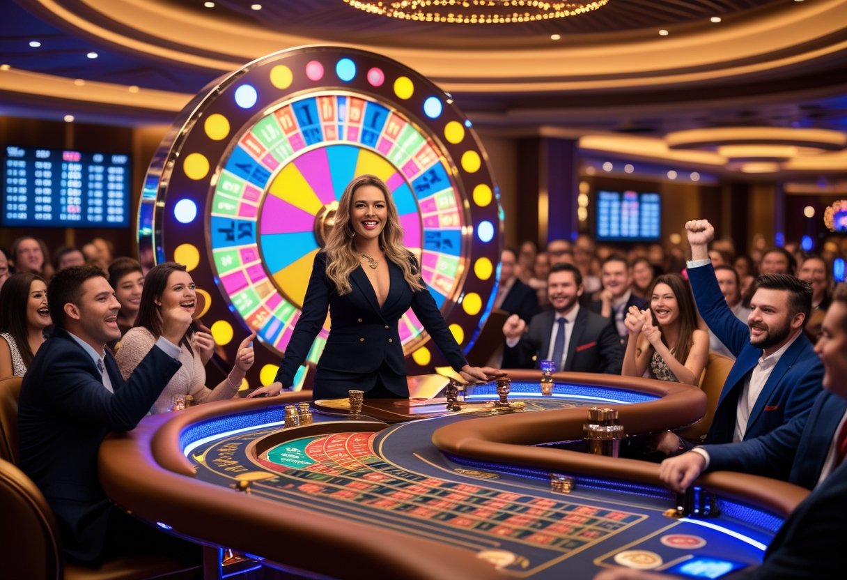 A female host stands by a spinning wheel in a lively casino game show with players and audience watching and cheering.