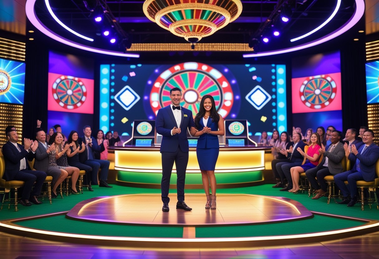 A male and female host on a brightly lit casino game show stage with an excited audience clapping and colorful lights in the background.