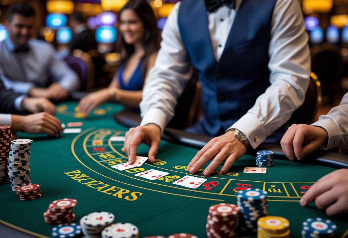 A dealer dealing cards at a blackjack table with players holding cards and chips in a casino setting.