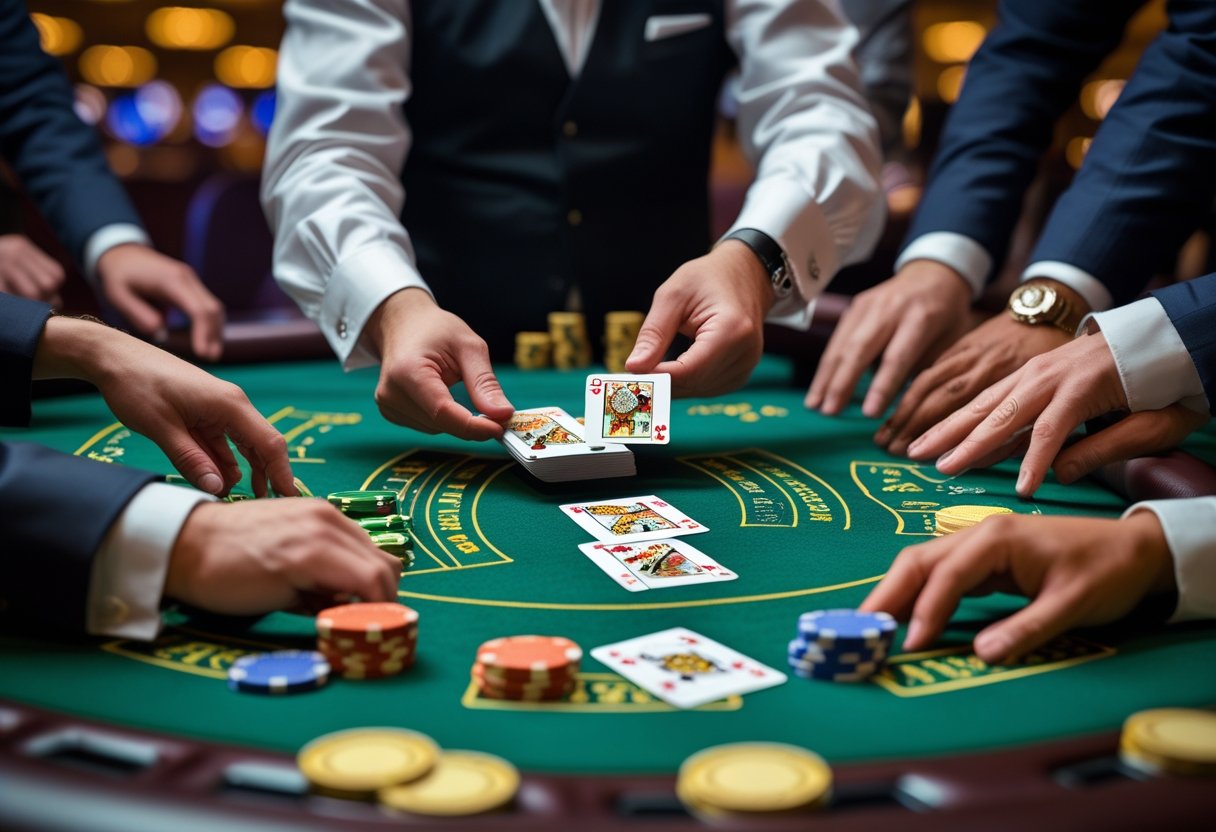 A dealer dealing cards to players at a blackjack table with chips and cards visible.