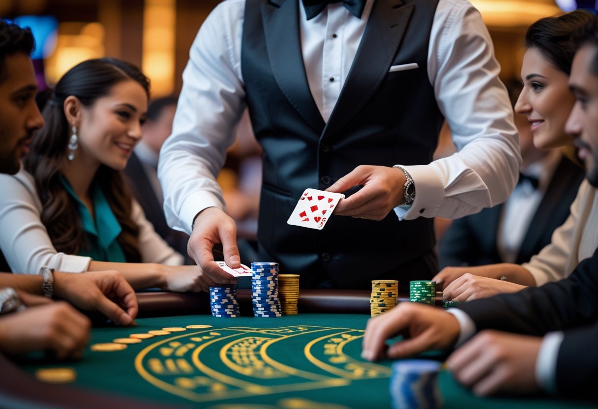 A dealer deals cards to players around a blackjack table in a casino.