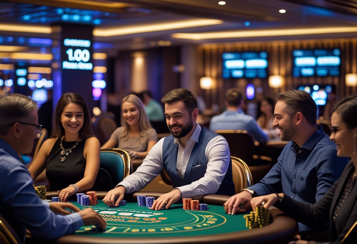 People playing live casino games at tables in a lively, well-lit gaming lounge during the evening.
