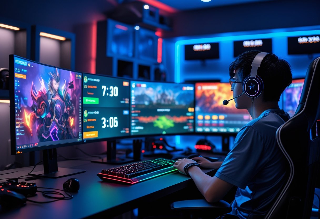 A young adult gamer wearing headphones sits at a desk with multiple monitors showing game interfaces and clocks, in a well-lit gaming room.