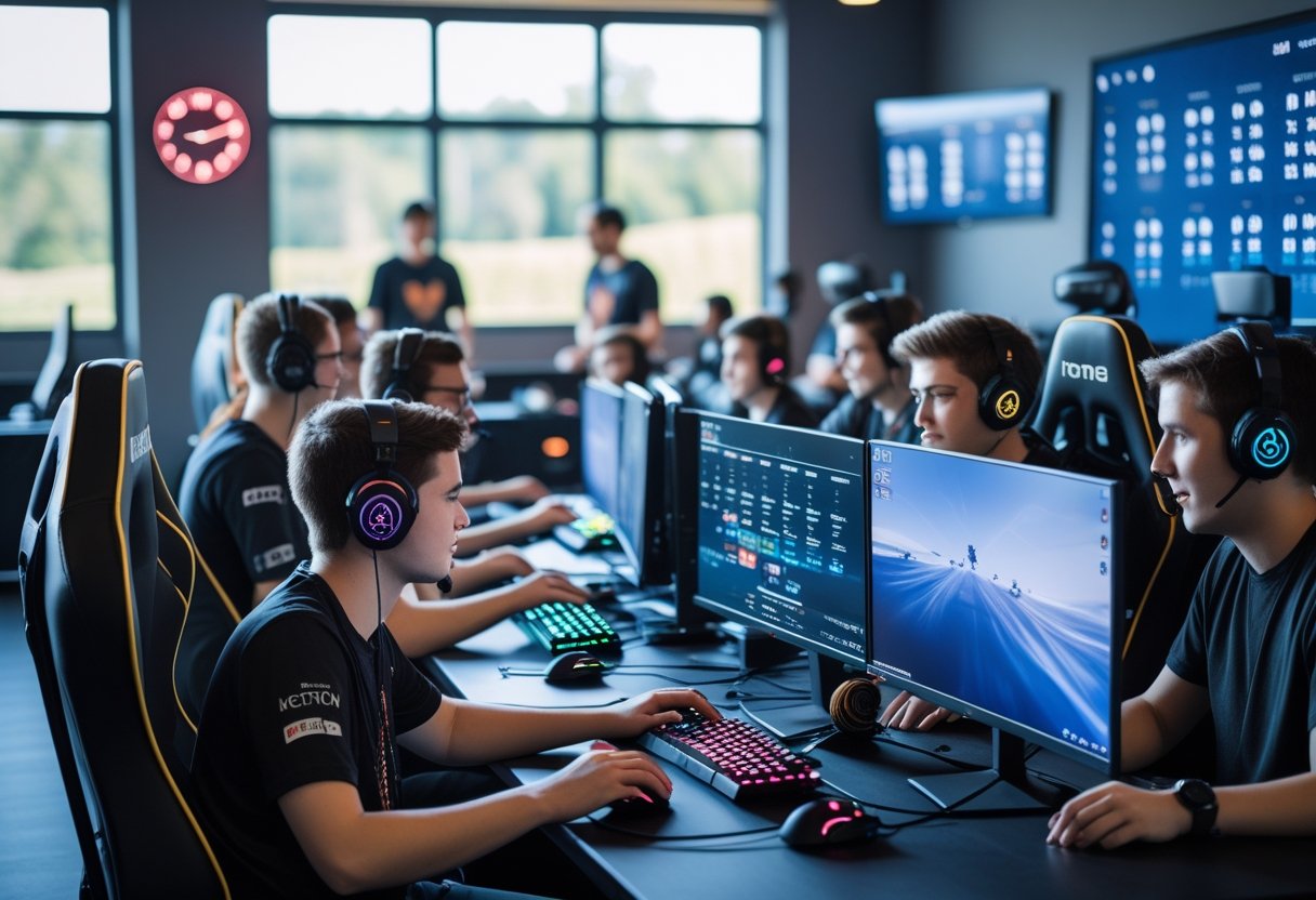 A group of people playing video games together in a bright room with gaming equipment and clocks in the background.