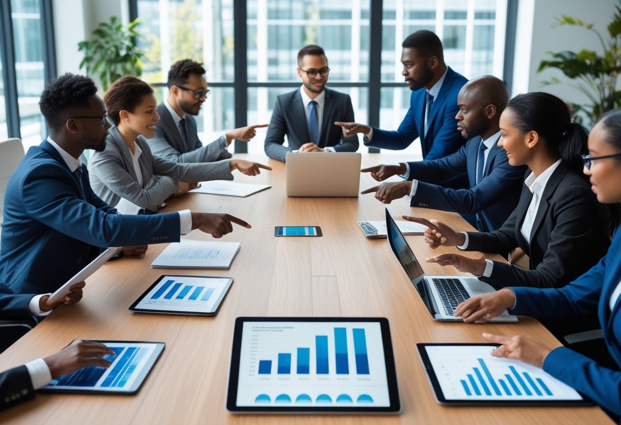 Business professionals collaborating around a conference table with laptops and documents in a bright office.