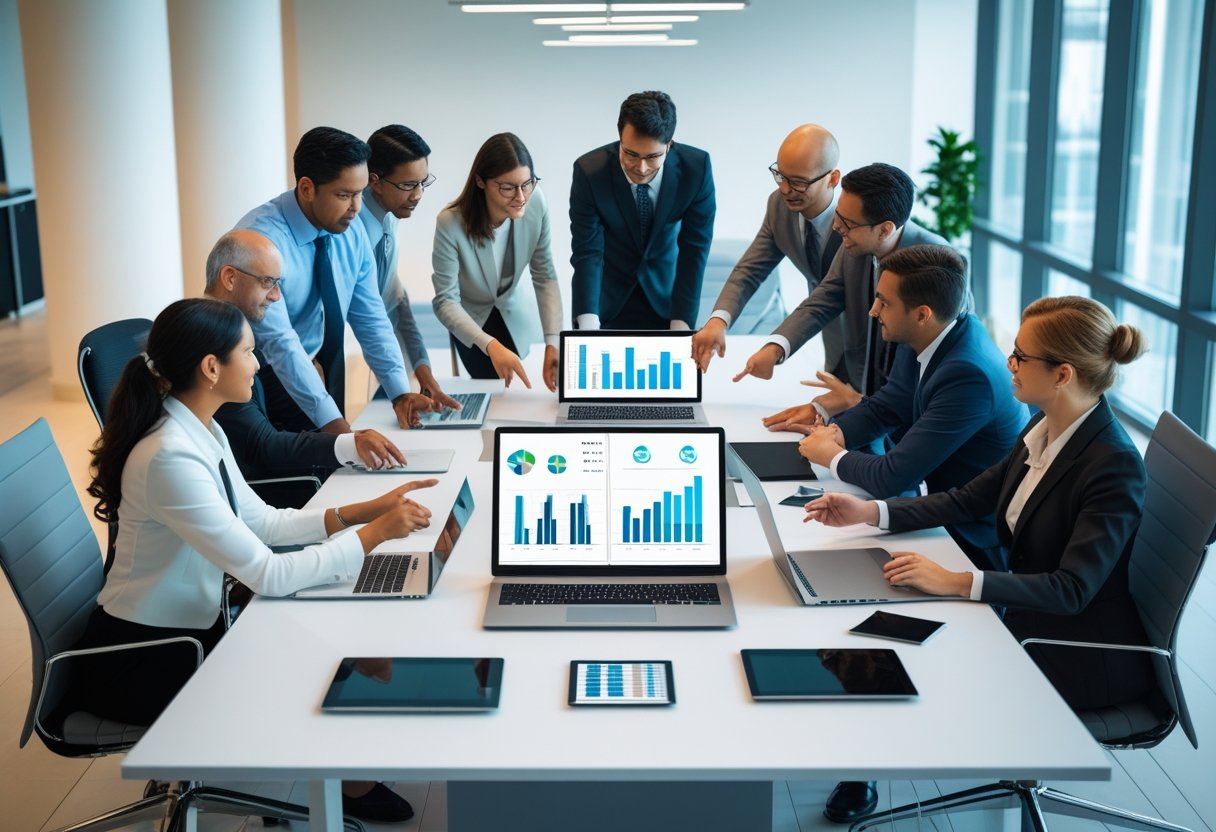 A group of business professionals collaborating around a conference table with charts and laptops.