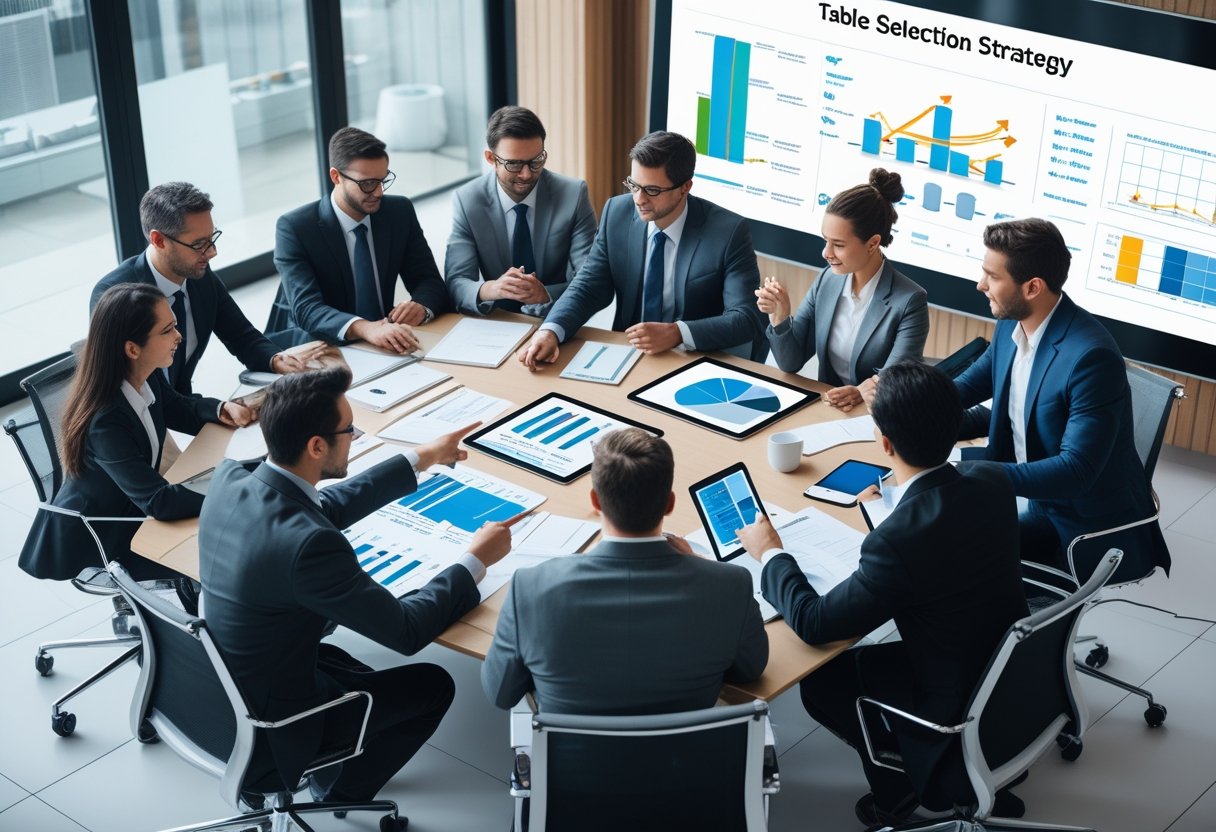 Business professionals collaborating around a conference table with documents and digital devices in an office.