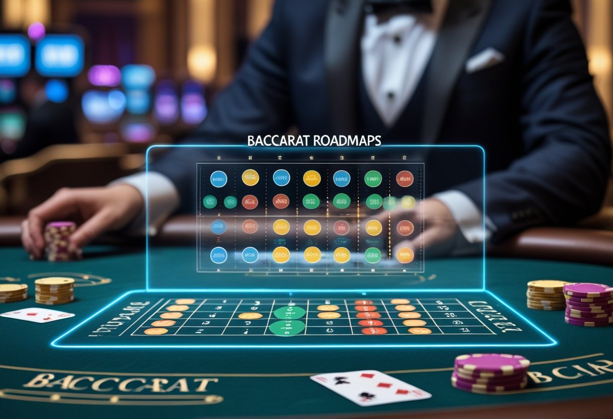 A baccarat table with cards, chips, and a digital display showing colorful baccarat roadmap charts, with a dealer in the background.