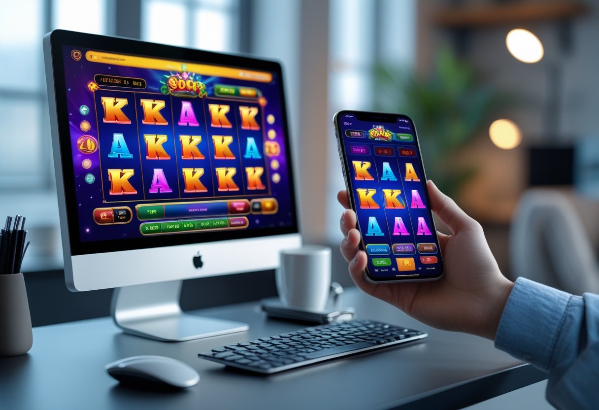 A desktop computer and a smartphone each displaying colorful online slot games, placed side by side on a clean workspace.
