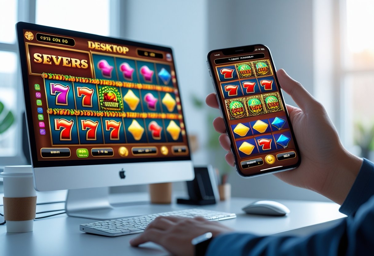 A modern workspace showing a desktop computer with a slot machine game on the screen and a hand holding a smartphone displaying a similar slot game.