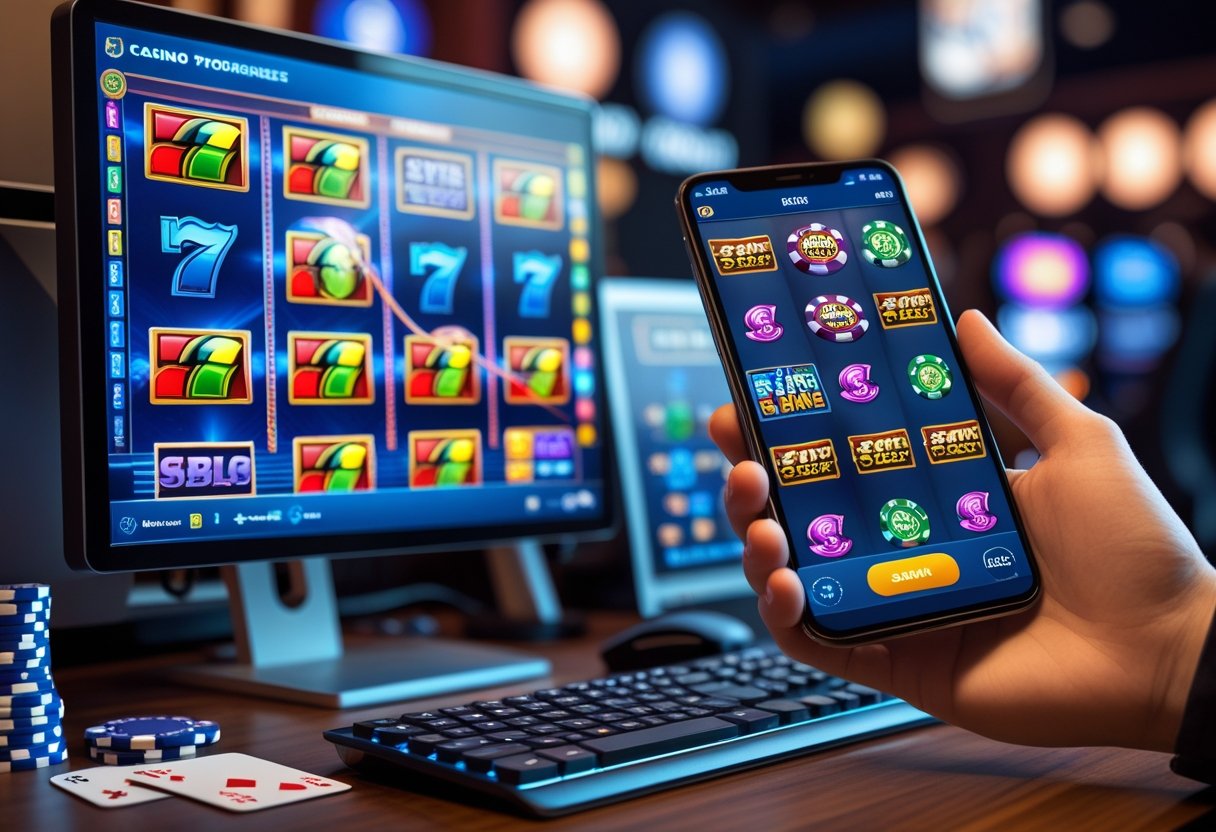 A desktop computer showing a slot game on the monitor beside a hand holding a smartphone displaying a slot game, set on a wooden table with poker chips and playing cards.