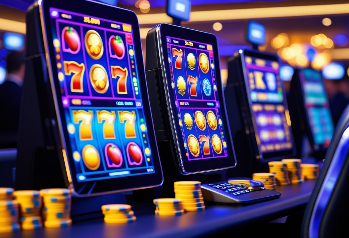 A close-up of digital slot machine screens showing colorful spinning reels with casino chips and players in the background.