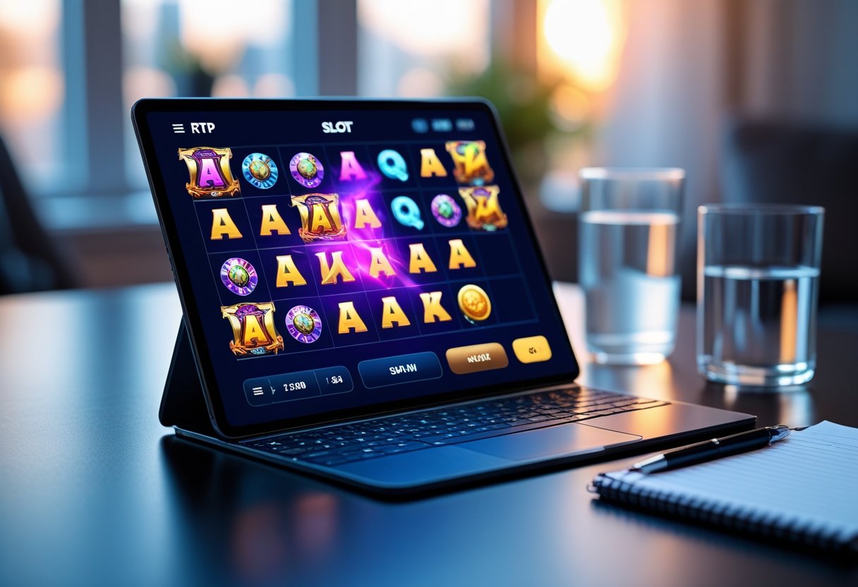 A laptop showing an online slot game on the screen on a desk with a notepad and pen nearby in a softly lit room.