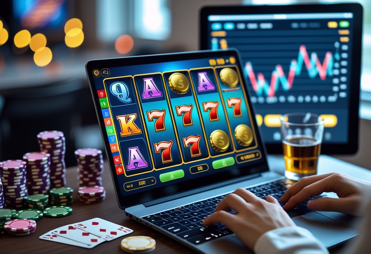 Hands playing an online slot game on a laptop with casino chips and a digital chart in the background.