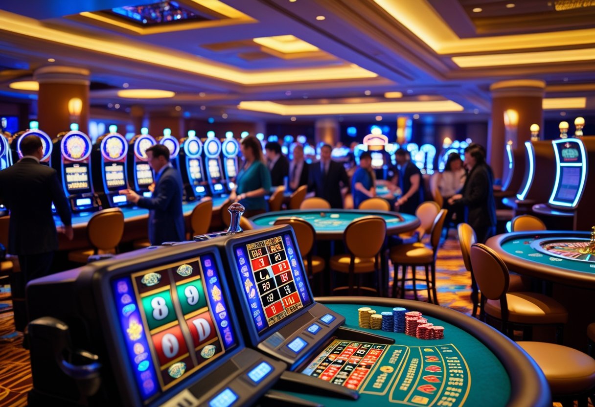 A casino floor with people playing blackjack, poker, roulette, and slot machines, showing chips, cards, and a spinning roulette wheel.